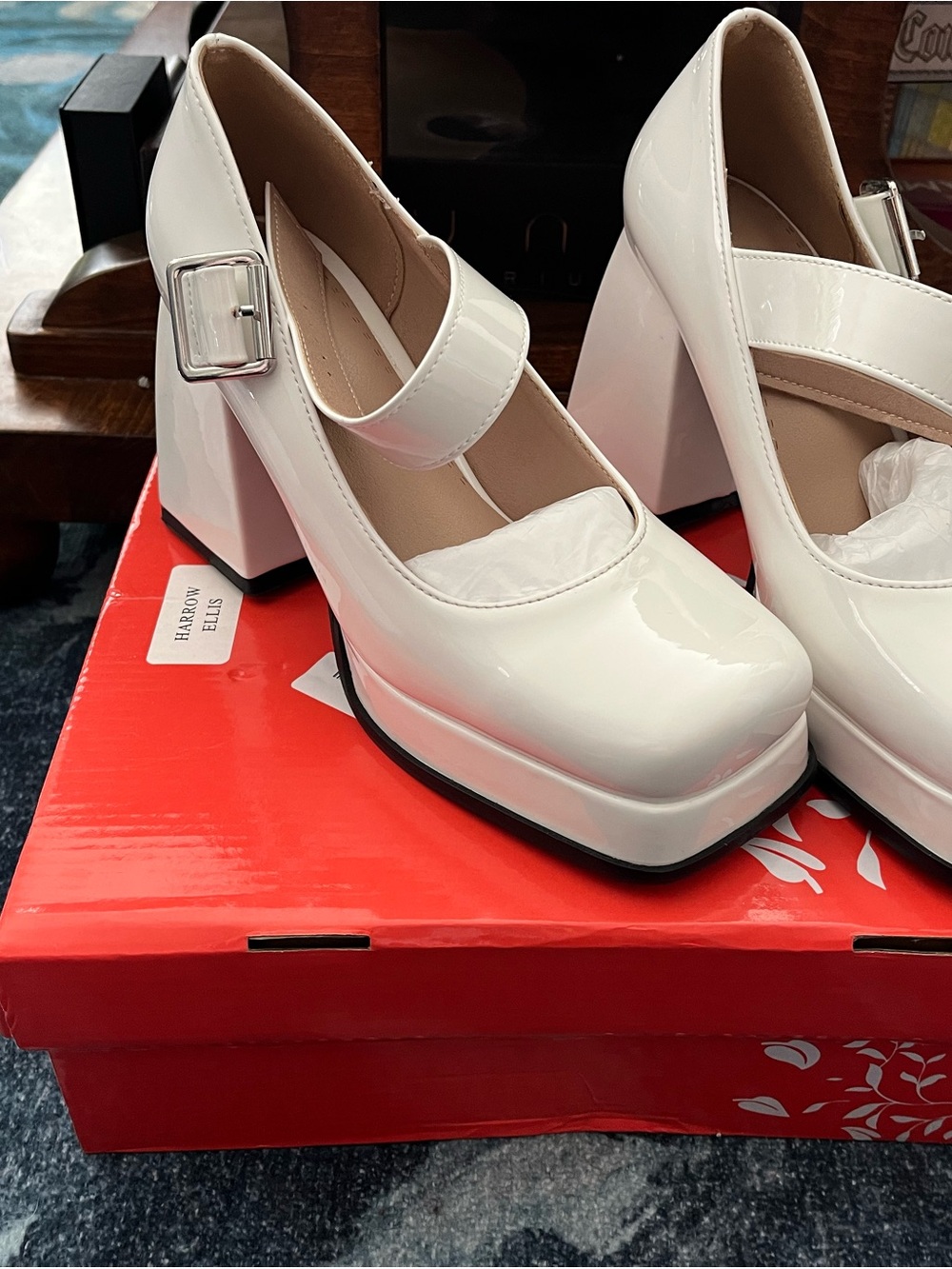 Patent White Mary Jane Platform Heels with Buckle Strap